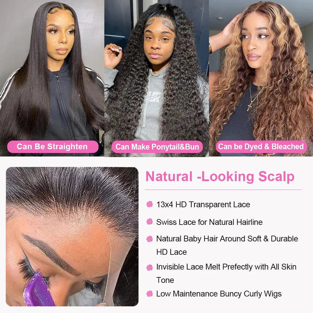 Wigs Human Hair Deep Wave Lace Front Wigs for Black Women 100% Brazilian Human Hair Pre Plucked Lacefront Wig 180% Density Natural Black Color  20 Inch