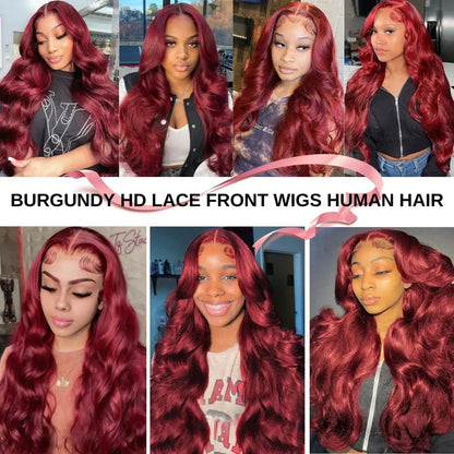 99J Burgundy Lace Front Wigs Human Hair 13X4 Lace Front Wigs Body Wave Wigs 180 Density HD Transparent Glueless Wigs Human Hair Pre Plucked with Baby Hair 22 Inch