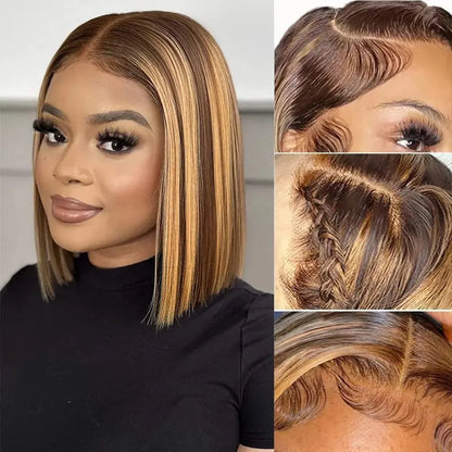 Ombre Highlight Lace Front Bob Wig - 10 Inch Human Hair Straight Wig with 13X4 Lace Frontal, 180% Density, Pre-Plucked, Ombre Blonde for Women